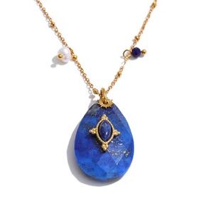 Sara Sotti Natural Lapis Lazuli Stone 32mm Drop Pendant Necklace Stainless Steel
